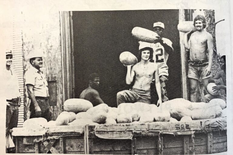 Workers loading watermelons onto a rail car, historical photo