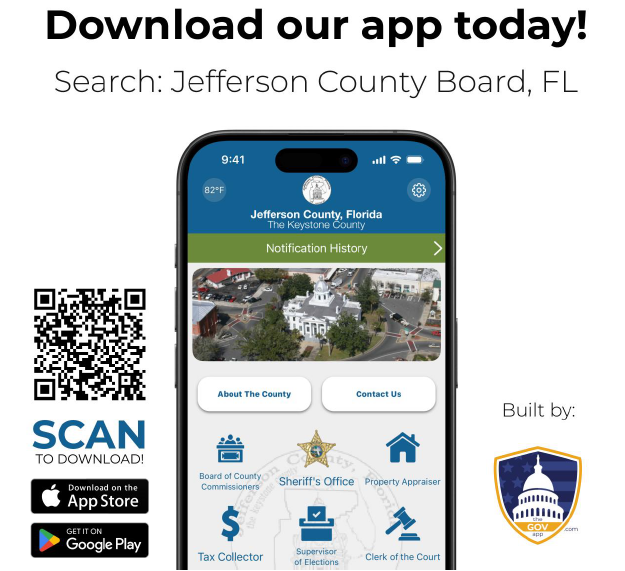 Flyer for the Jefferson County mobile app showing a phone screen with quick links to county offices, a QR code to scan for download, and App Store and Google Play badges
