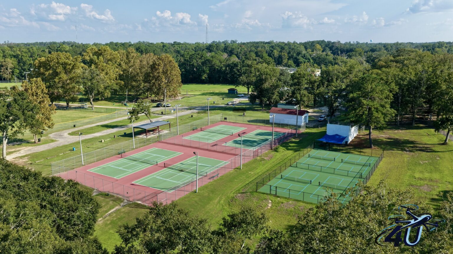 Aerial view of the tennis and pickleball courts at the Jefferson County Recreation Park in Monticello, Florida