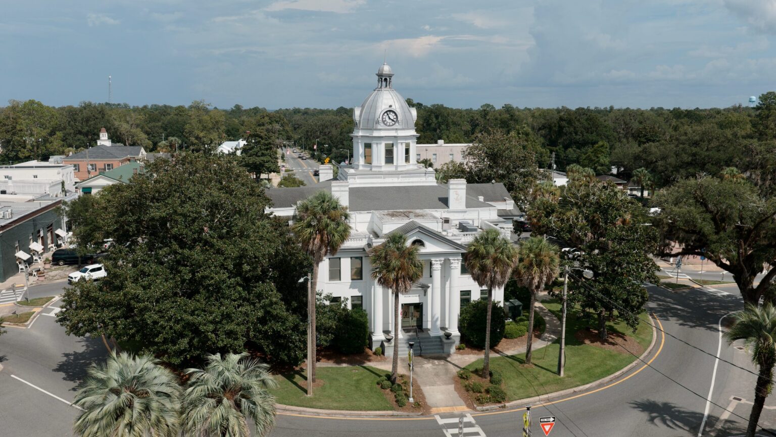 Aerial view of the historic Jefferson County Courthouse in Monticello, Florida