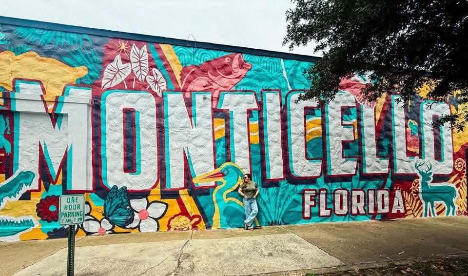 Colorful Monticello Florida mural painted on a downtown building wall