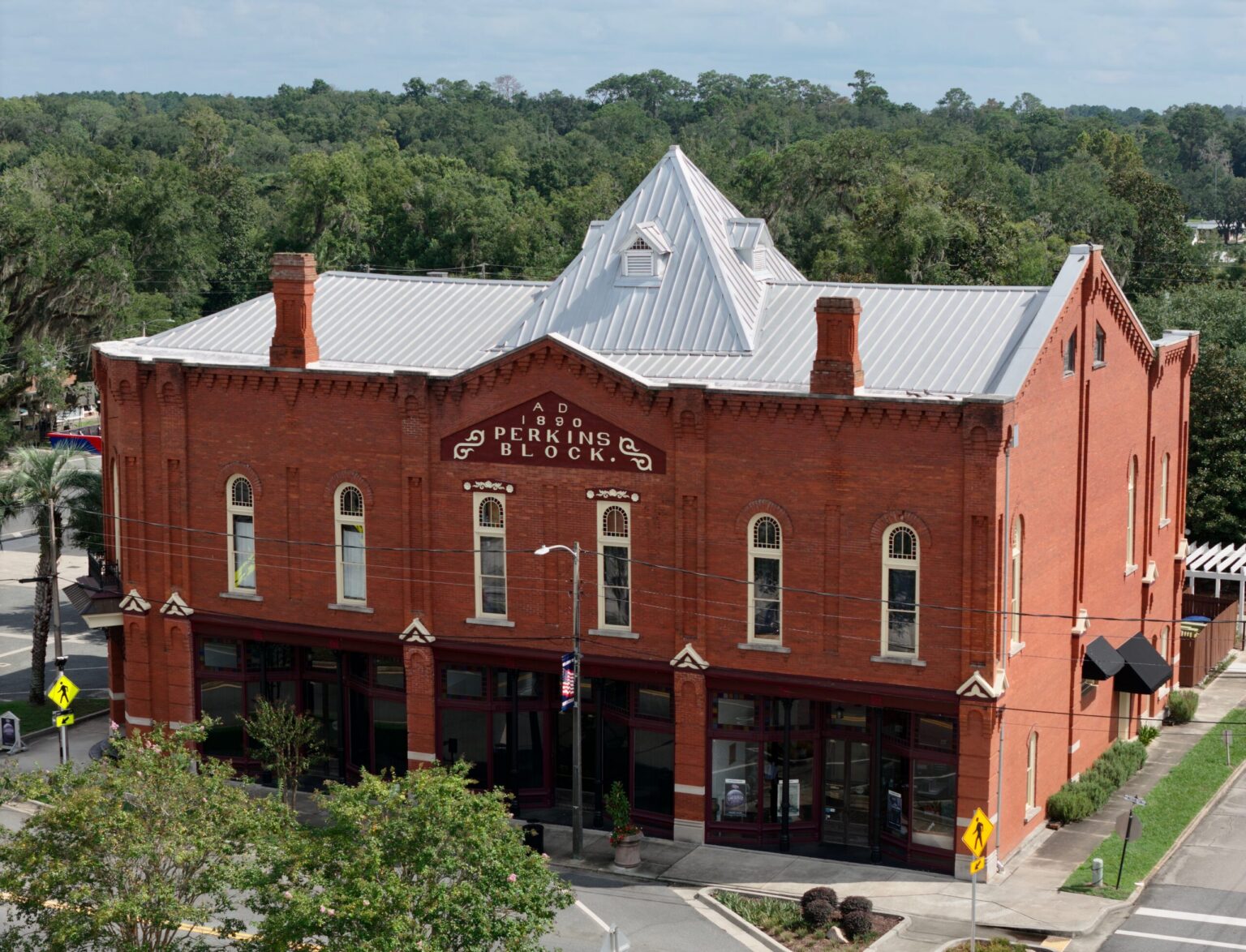Aerial view of the historic 1890 Perkins Block building in downtown Monticello, Florida