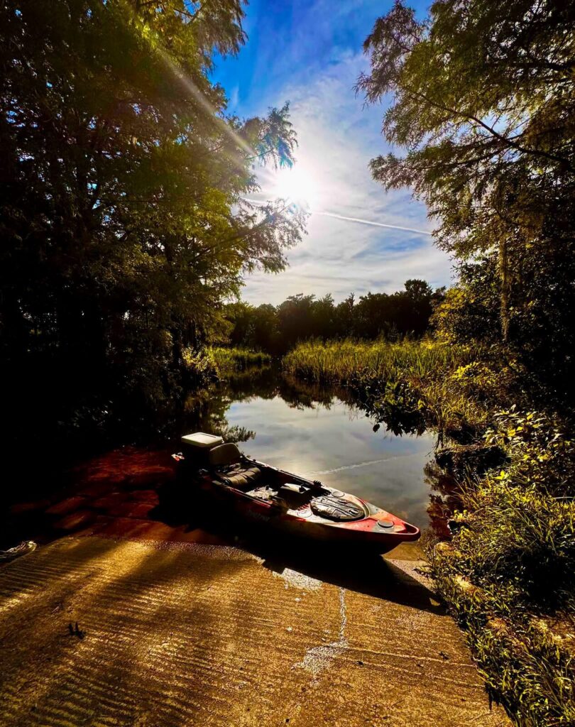 Kayak at a river boat ramp in Jefferson County, Florida