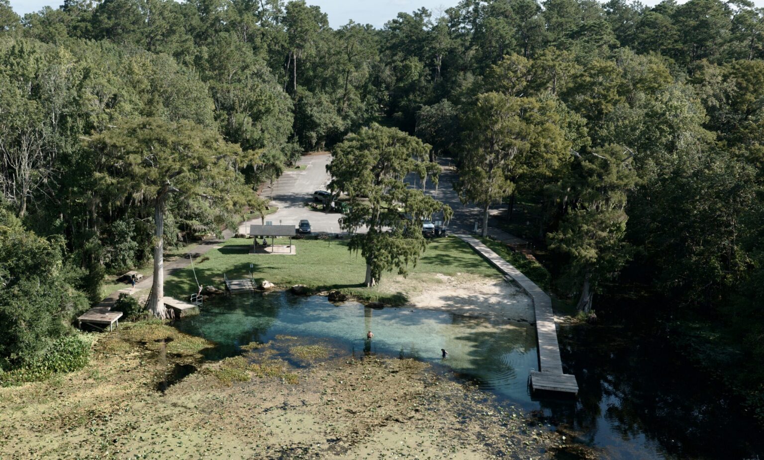 Aerial view of the Wacissa River springs and recreation area in Jefferson County, Florida